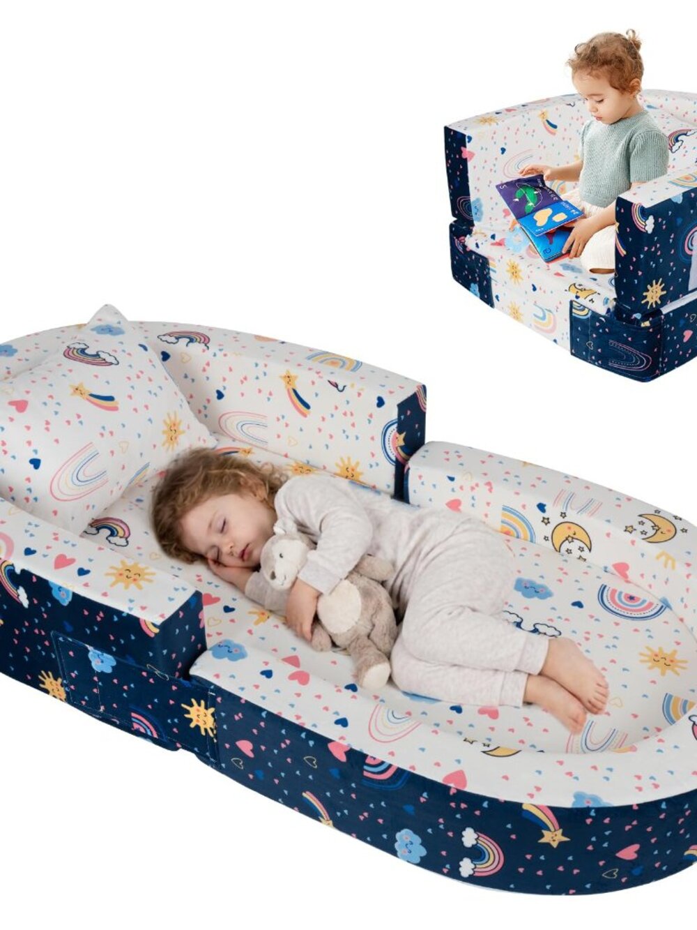 2-in-1 Toddler Travel Bed Portable Foldable Floor Bed & Sofa Kids Couch